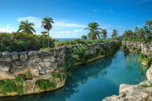 One of the top historical sites near Playa del Carmen is Xcaret Eco-Archaeological Park (shown in this picture)