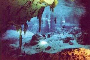 One of the best snorkeling spots near Playa del Carmen is Cenote Dos Ojos shown in this picture 